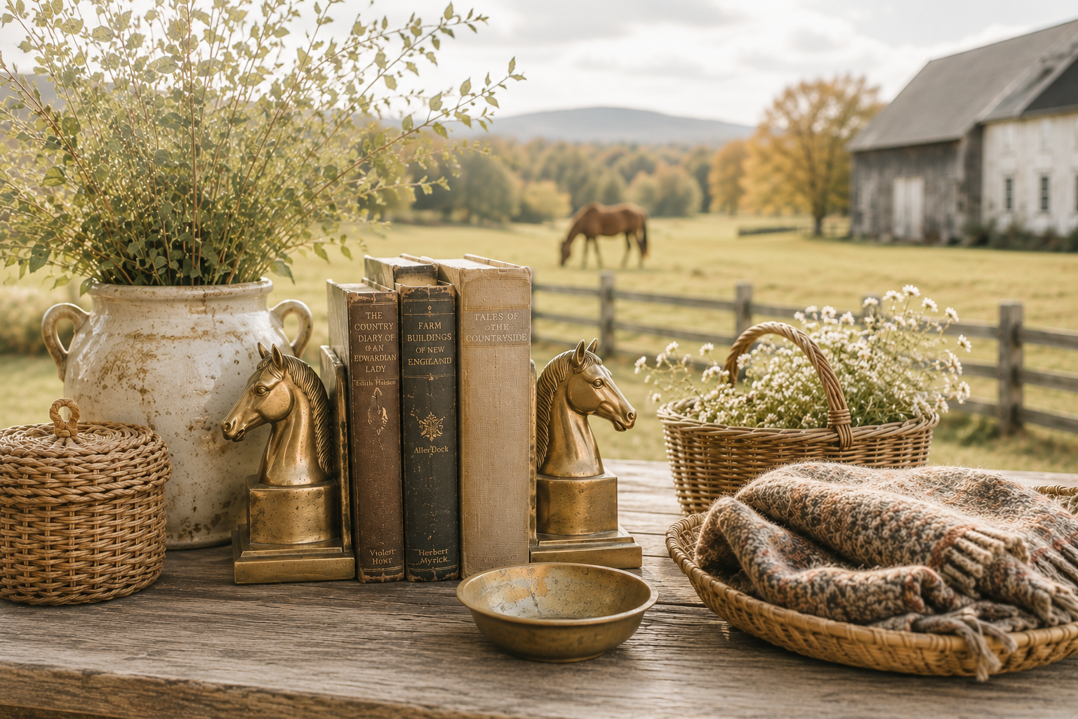 Collected Home Vintage Home & Estate Finds featuring a vintage white wardrobe with decorative hats and dried flowers.
