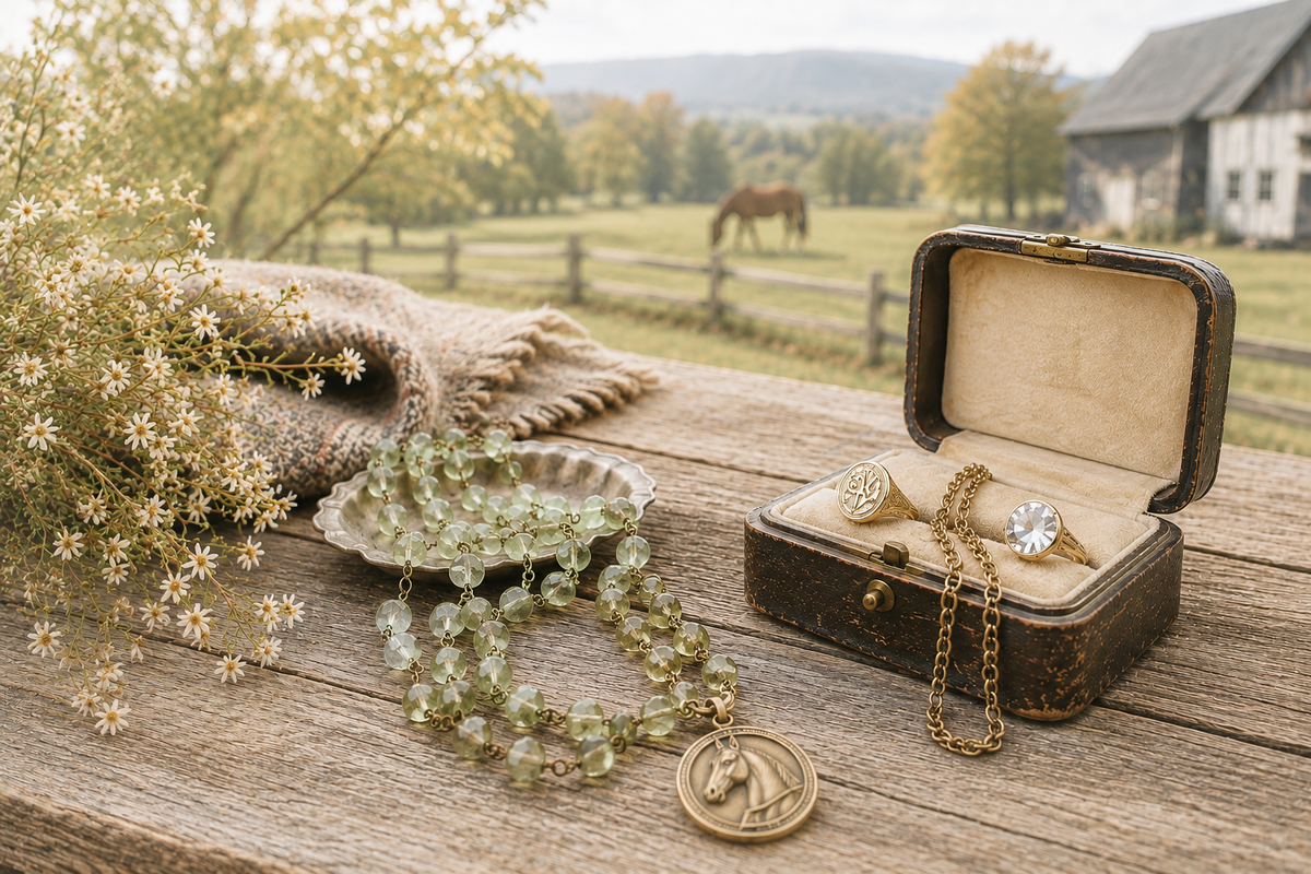 Treasured Jewelry  Vintage and Fine Jewelry displayed with necklaces hanging from decorative branches in a glass vase.
