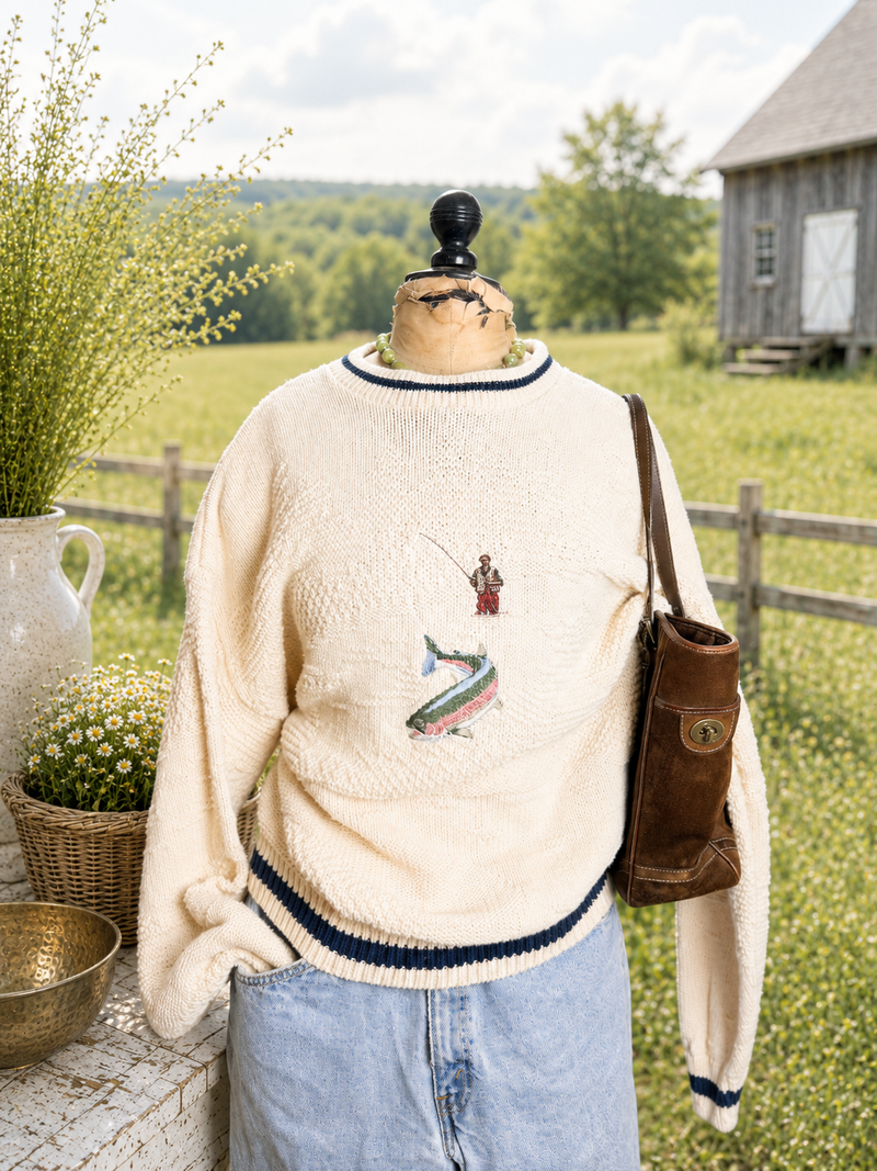 Vintage fly fishing sweater with embroidered fisherman and trout on ivory knit, displayed outdoors.