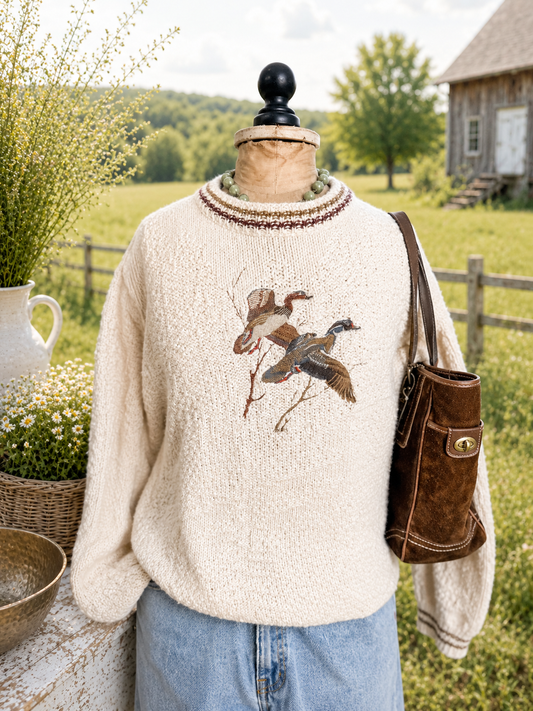 Vintage 80's Shenandoah 100% Cotton Ivory Cable Knit Duck Sweater Heritage Country Sporting Pullover Medium