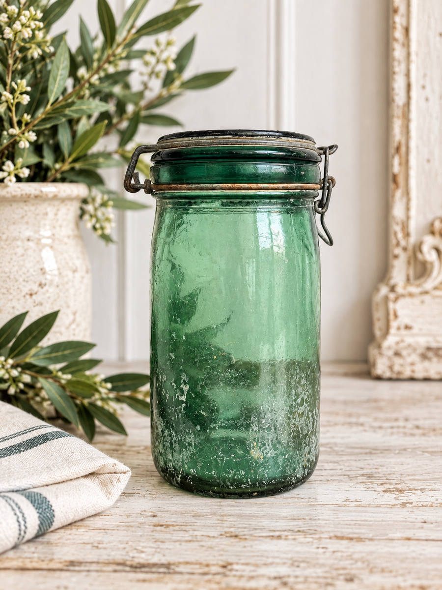 Vintage French L’Ideale 1L Green Glass Canning Jar Wire Bail Clamp Lid France