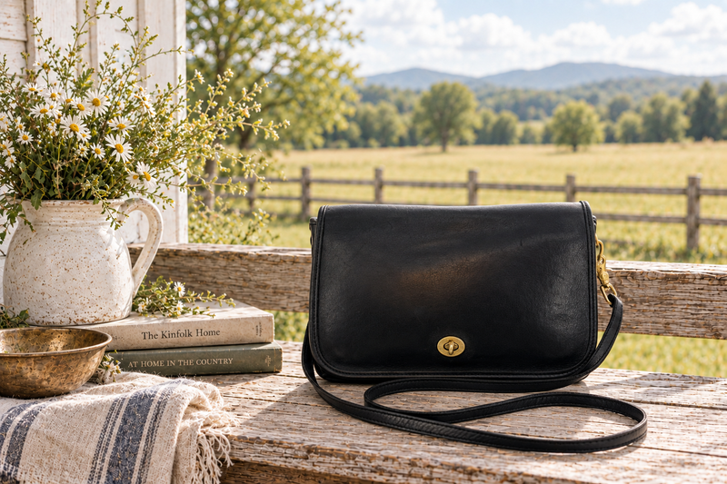 Vintage Coach Stewardess Black Glove-Tanned Leather Crossbody Bag | Brass Turnlock | Made in USA