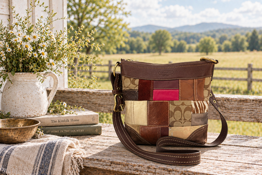 Vintage Coach Patchwork Y2K Crossbody Bag – Brown Signature Canvas, Suede & Leather 2006